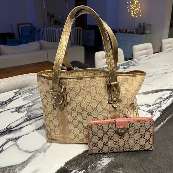 Gucci Purse + Wallet Set: Monogram Jolicoeur Pink Gold Tote & Heart Clasp Wallet - Picture 1 of 16